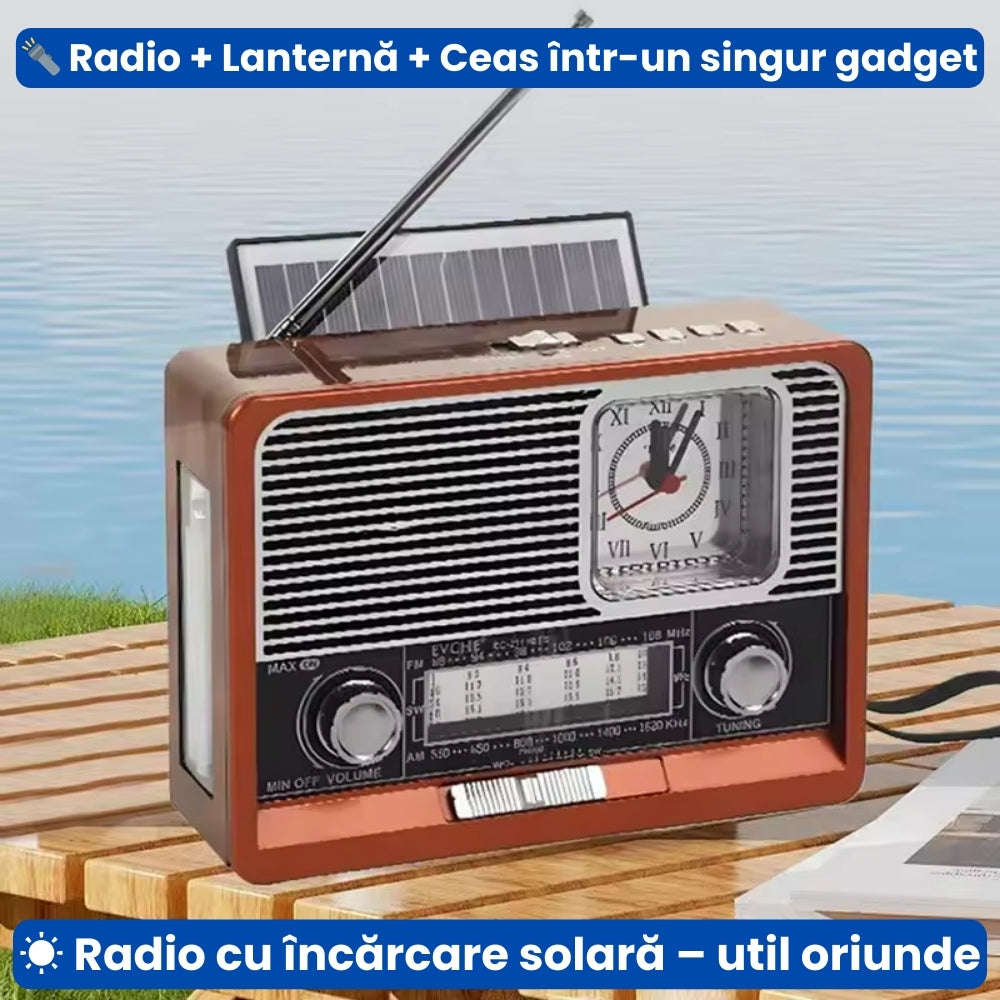 Radio Portabil Retro cu Panou Solar, Ceas, Recepție AM/FM/SW și Lanternă Incorporată