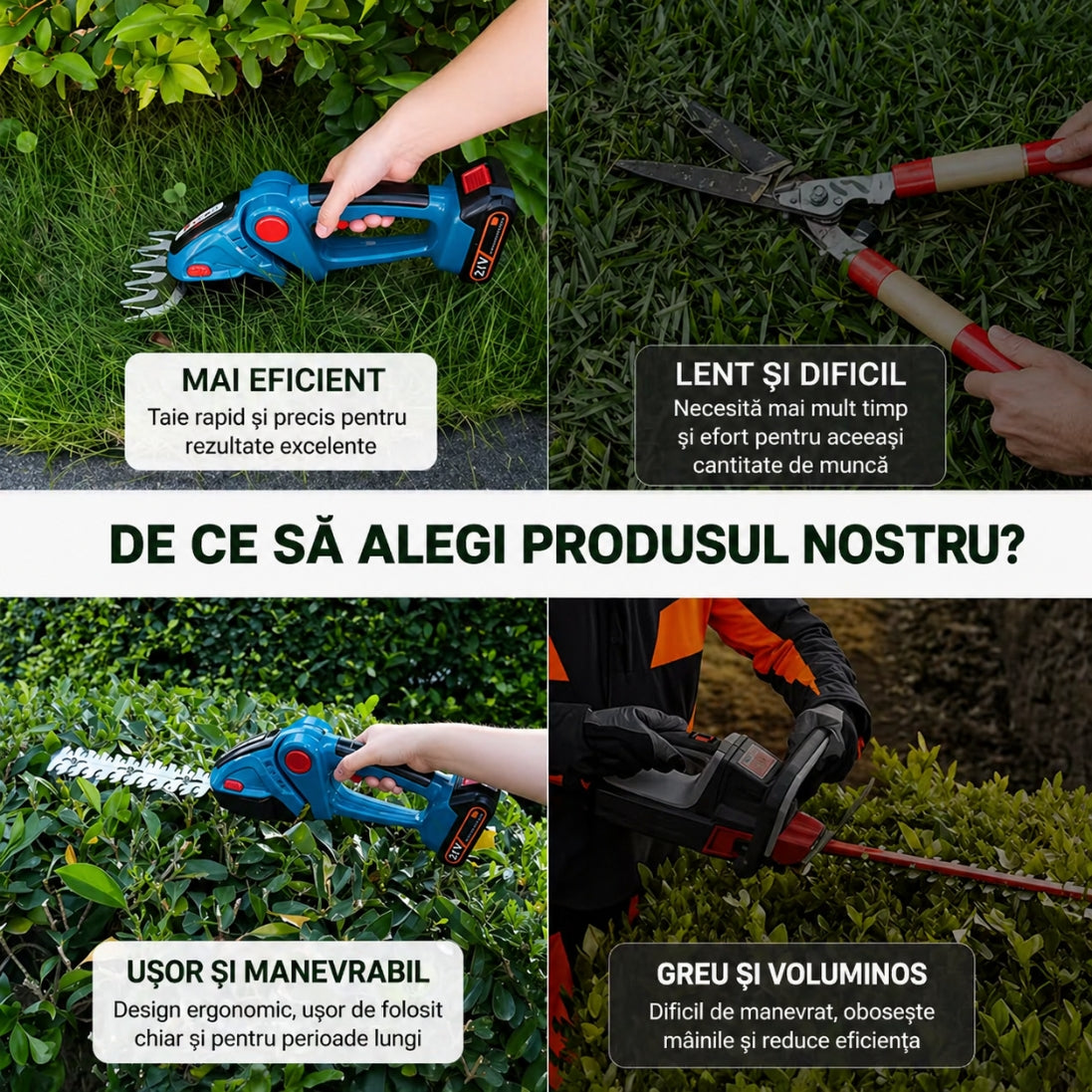 Foarfecă Electrică 2 în 1 pentru Tuns Gard Viu și Arbuști – 48V, 2 Acumulatori