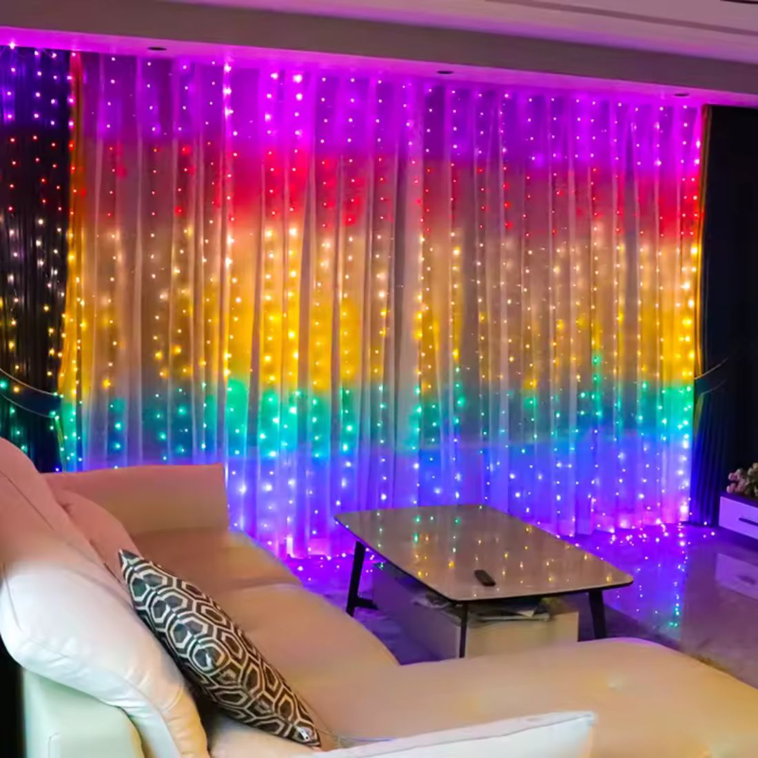 Instalație tip perdea LED 3m x 3m - MULTICOLORA, 300 LED-uri, telecomandă, 8 moduri