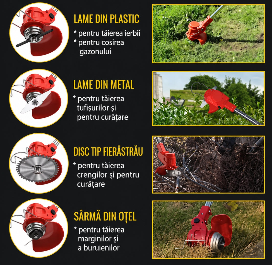 Motocoasă Electrică fără fir, 48V, 2 acumulatori , 18000RPM, roți detașabile - set complet lame (disc + 2 lame + 5 palete)