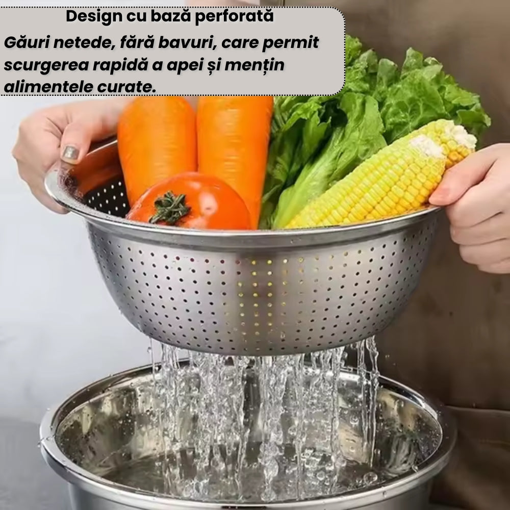 Bol Inox cu Capac Răzătoare și Scurgător – Ideal pentru Gătit