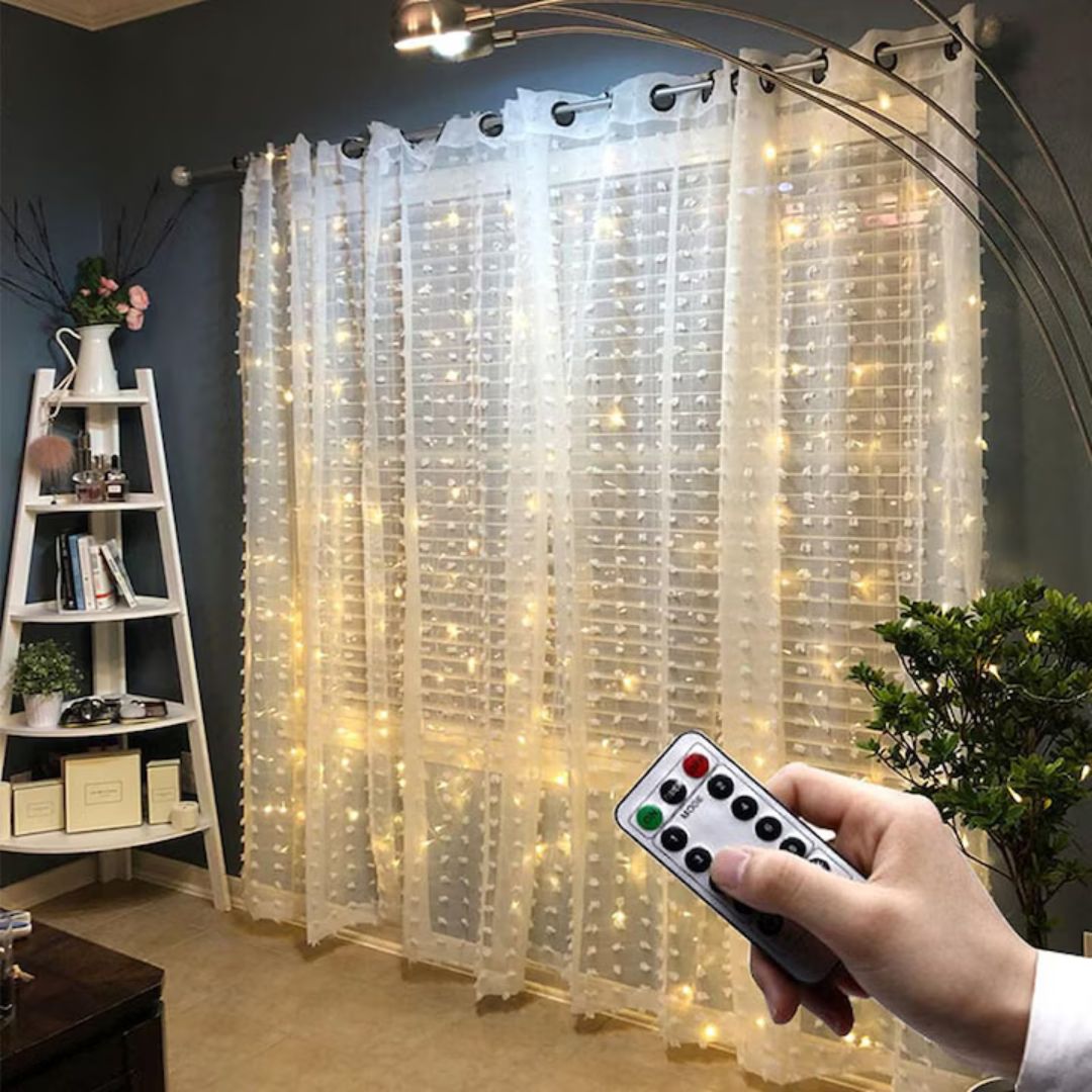 Instalație Tip Perdea LED 3x3m Alb Cald – Telecomandă, 300 LED-uri