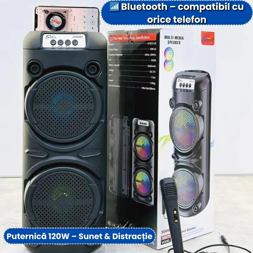 Boxă Portabilă cu Lumini LED + Aparat de Tuns 3 în 1 – Set Promo Cadou