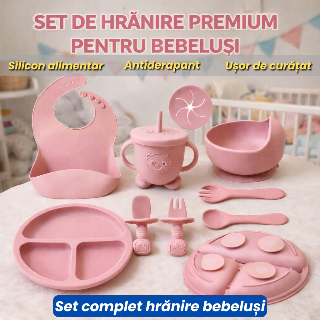 Set Premium Hrănire Bebeluși cu Farfurie, Bol, Bavetică și Tacâmuri din Silicon