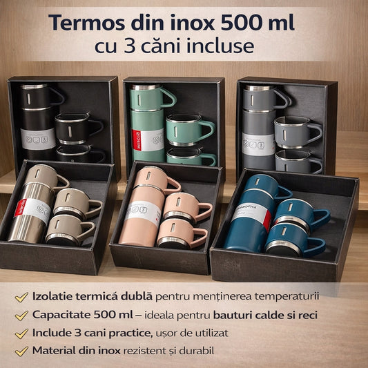 Termos din Inox rezistent - 500 ml cu 3 Căni Incluse