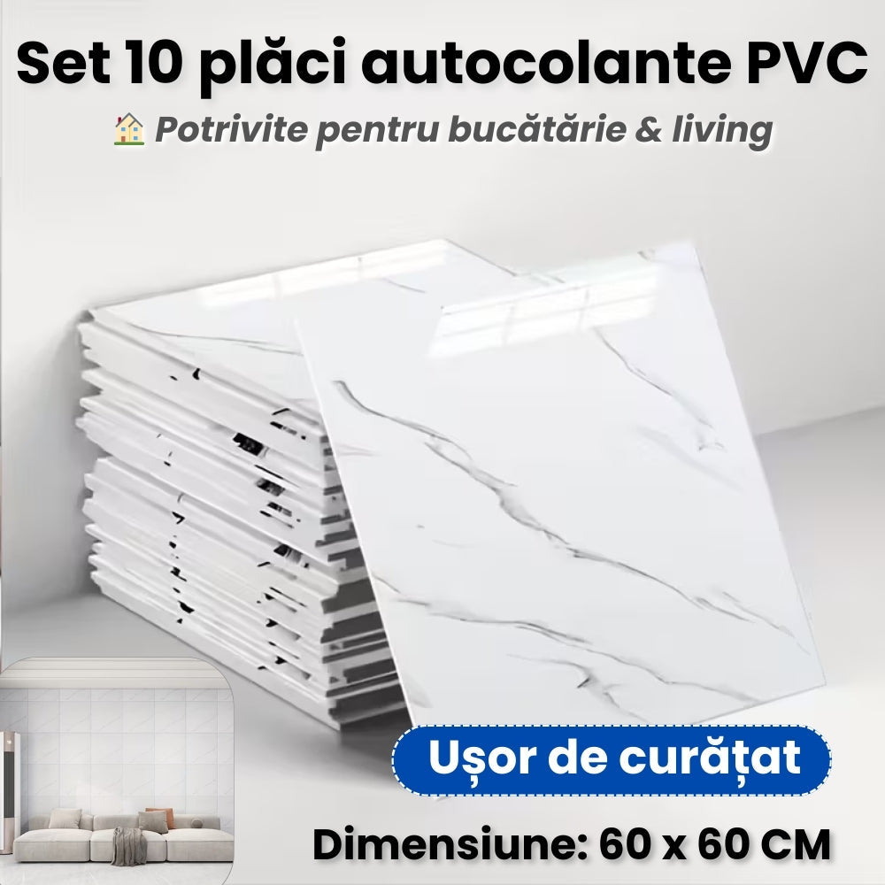 Set 10 Plăci Autocolante PVC – Imitație Marmură, 60×60 cm
