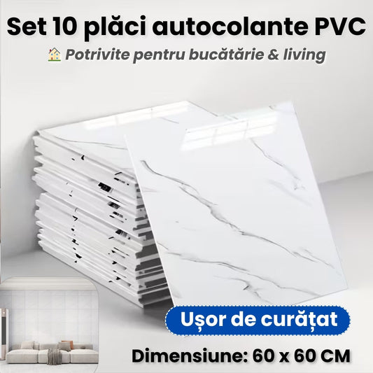 Set 10 Plăci Autocolante PVC – Imitație Marmură, 60×60 cm