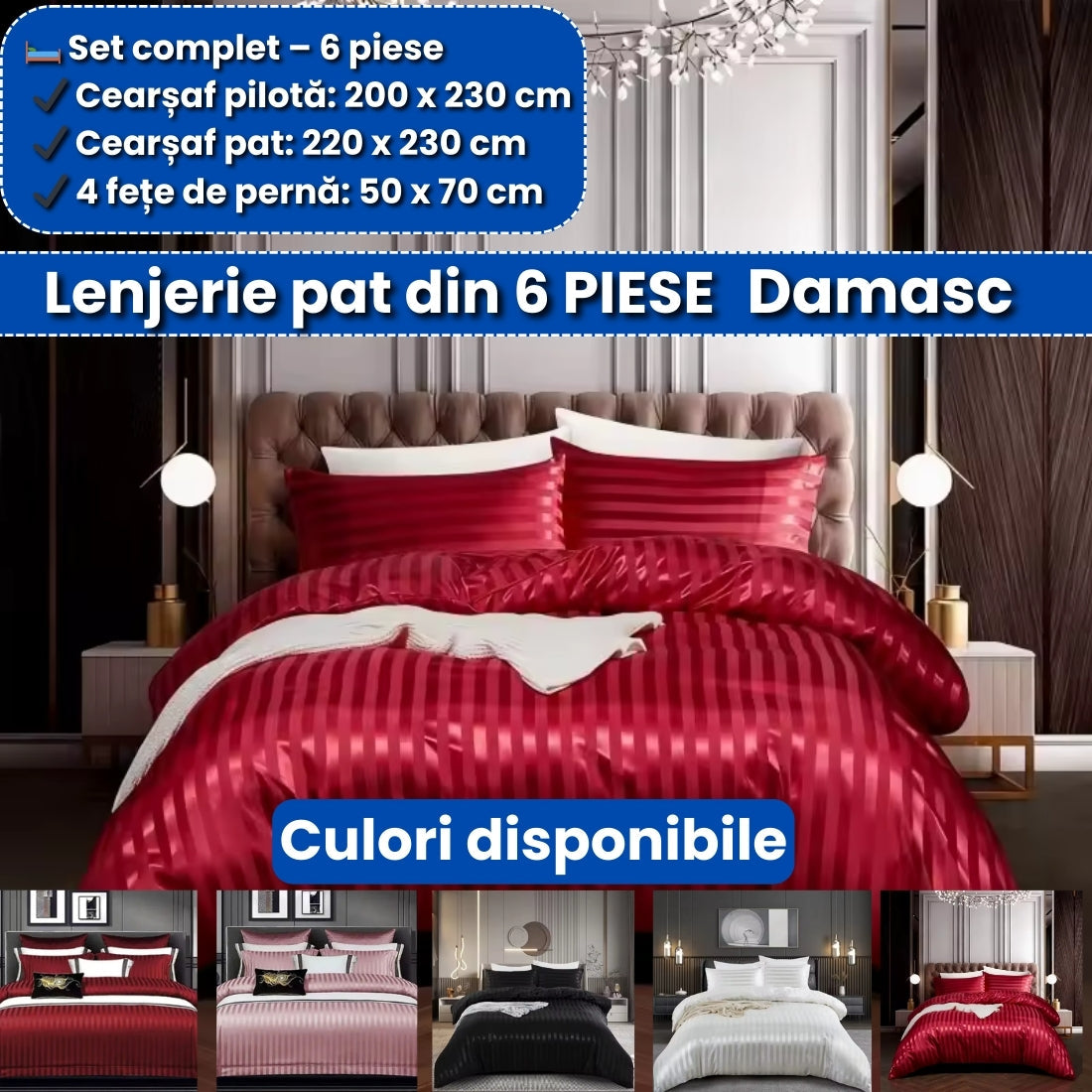 Lenjerie de Pat din Damasc – Set Complet 6 Piese, Elegant și Confortabil