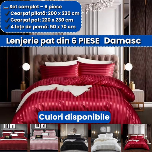 Lenjerie de Pat din Damasc – Set Complet 6 Piese, Elegant și Confortabil