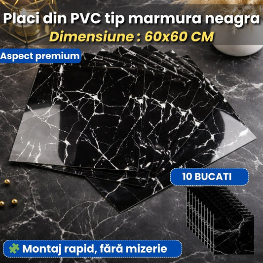 Plăci PVC Autoadezive Tip Marmură Neagră 60×60 cm – Set 10 Bucăți