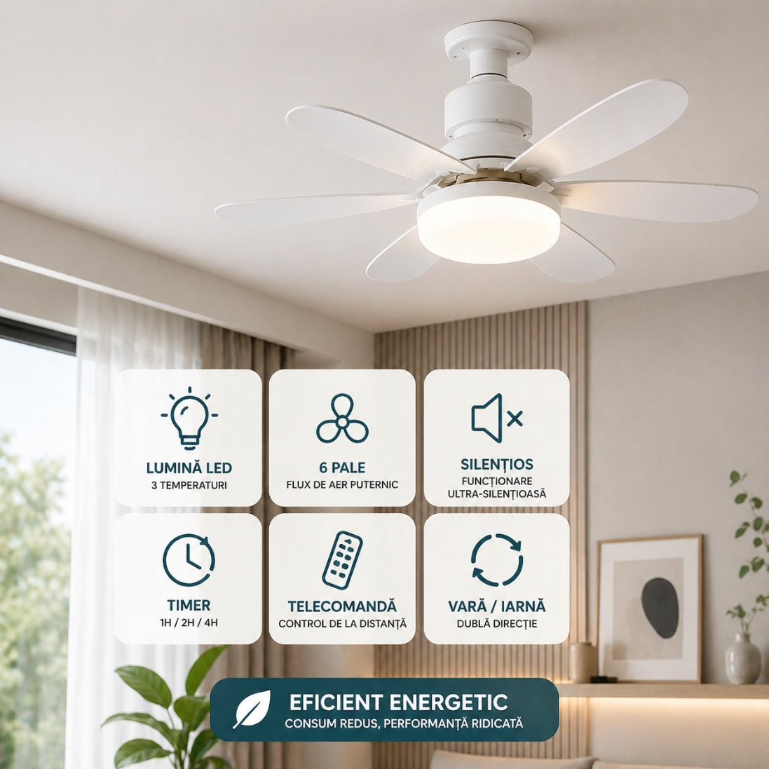Ventilator de Tavan cu Lumină LED 40W, Telecomanda – Răcoare și Confort în Orice Sezon