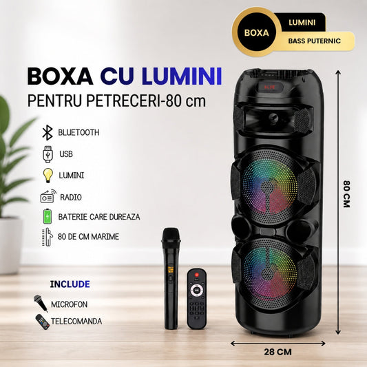 Boxă Mare cu Lumini LED 80 cm – Bass Puternic + Microfon Inclus