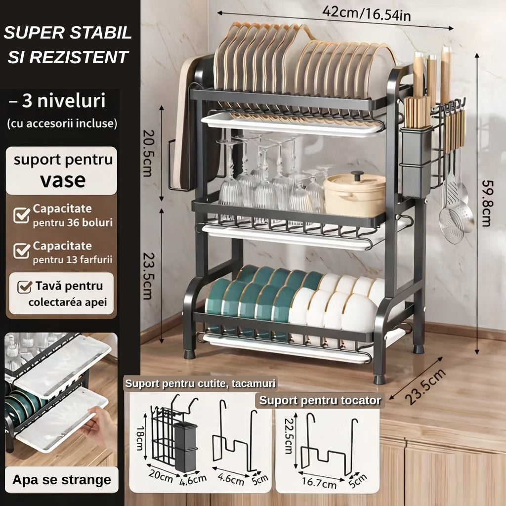 Suport pentru Vase cu 3 Niveluri – Organizator Modern pentru Bucătărie din Metal