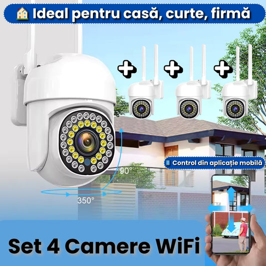 Set 4 Camere Supraveghere WiFi Exterior cu Senzor Mișcare, Vedere Nocturnă și Control din Telefon