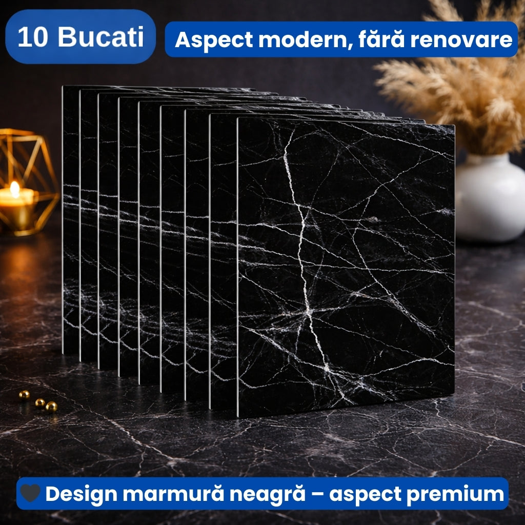 Plăci PVC Autoadezive Tip Marmură Neagră 60×60 cm – Set 10 Bucăți
