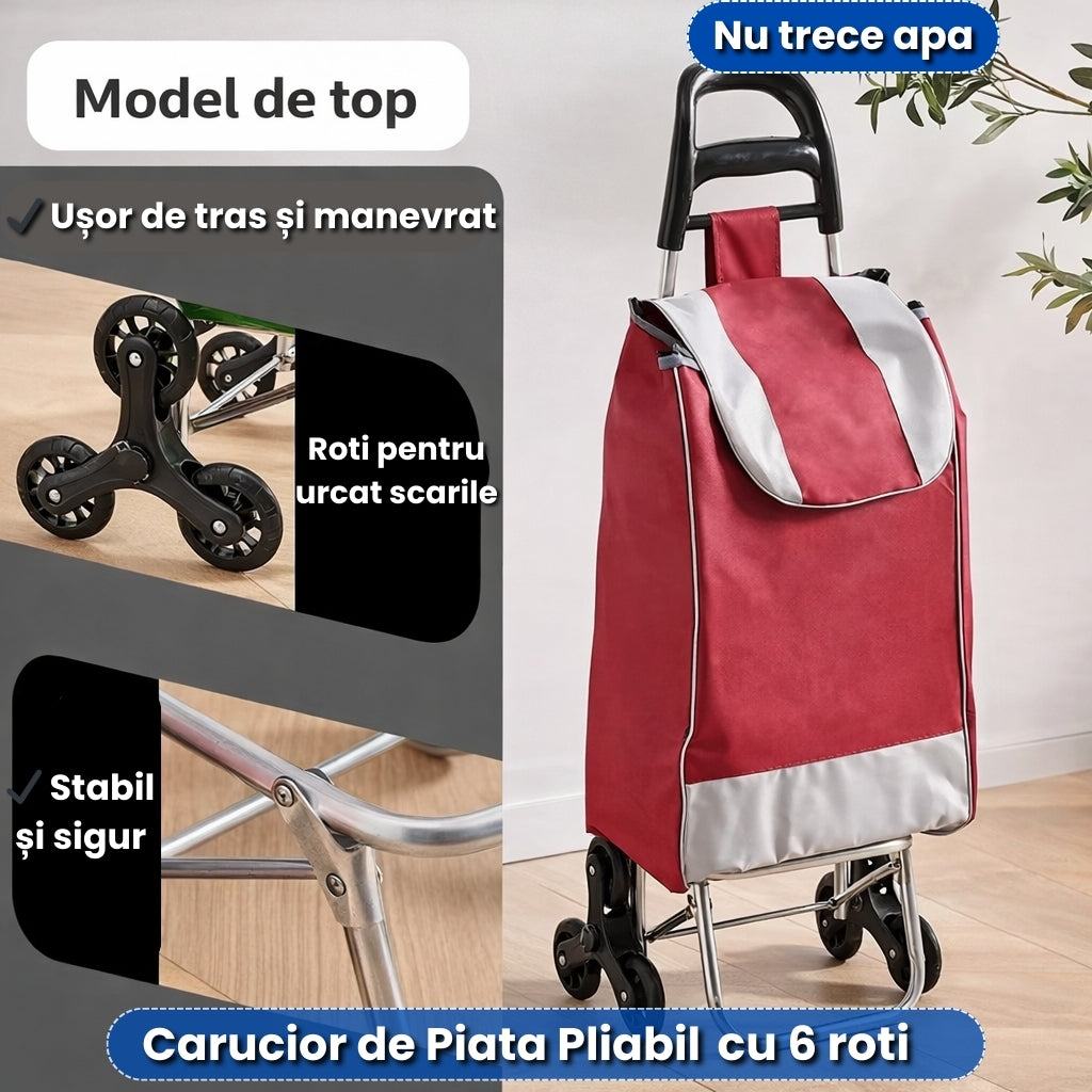 Cărucior Transport Cumpărături cu 6 Roți, Geantă Impermeabilă și Cadru Stabil