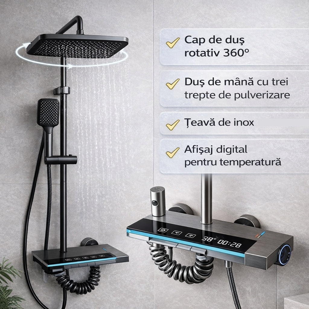 Set Duș Modern Digital cu Iluminare LED și Afișaj al Temperaturii – Design Modern, Confort Maxim
