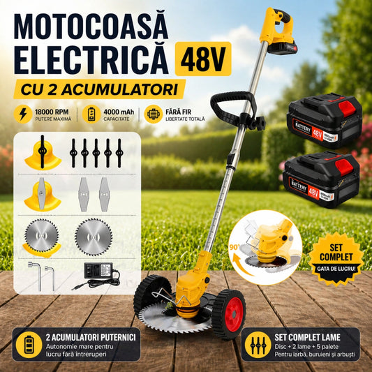 Motocoasă Electrică fără fir, 48V, 2 acumulatori , 18000RPM, roți detașabile - set complet lame (disc + 2 lame + 5 palete)