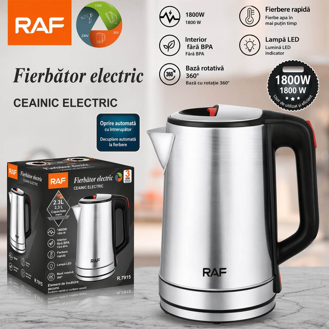 Fierbător Electric RAF 1800W din Inox – Capacitate 2 L, Fierbere Rapidă, Oprire Automată, Bază 360° & Fără BPA