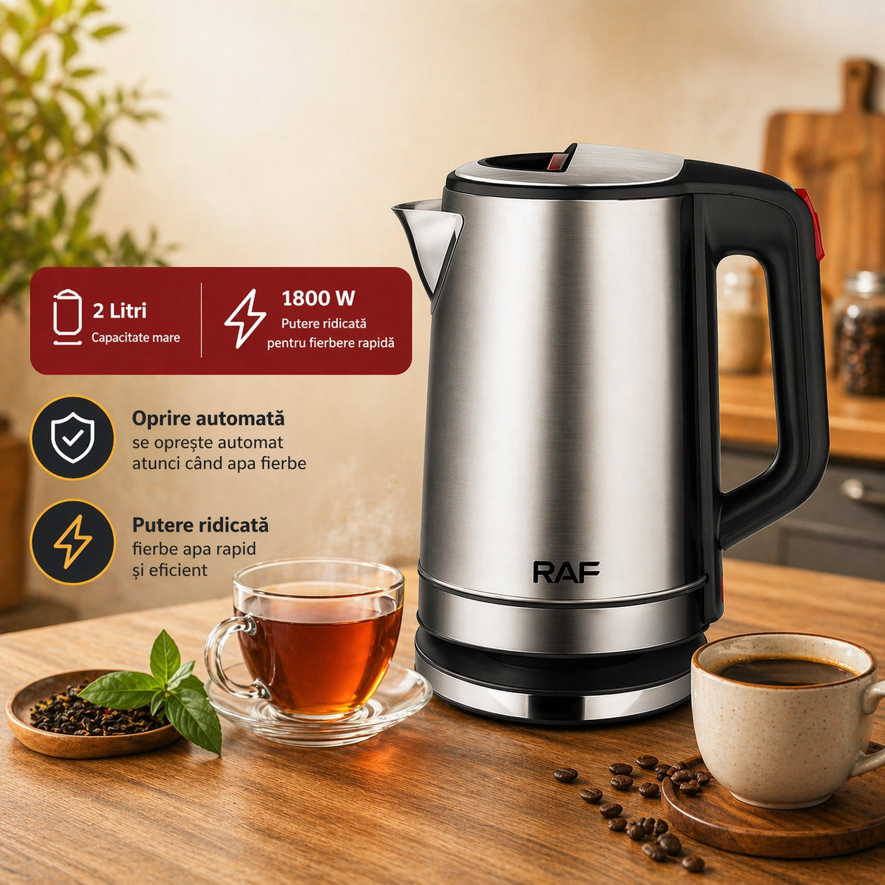 Fierbător Electric RAF 1800W din Inox – Capacitate 2 L, Fierbere Rapidă, Oprire Automată, Bază 360° & Fără BPA