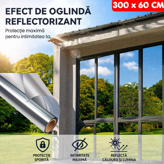Folie Autocolantă pentru Geam cu Efect Real de Oglindă, Protecție UV și Control Termic – 300×60 cm