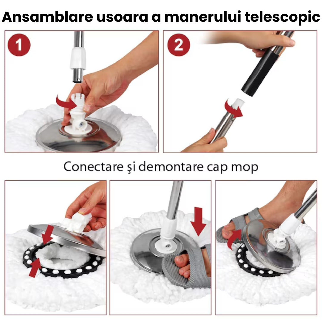 Mop Rotativ și Găleată cu Sistem de Stoarcere și Curățare - Mâner Reglabil + 5 Rezerve CADOU