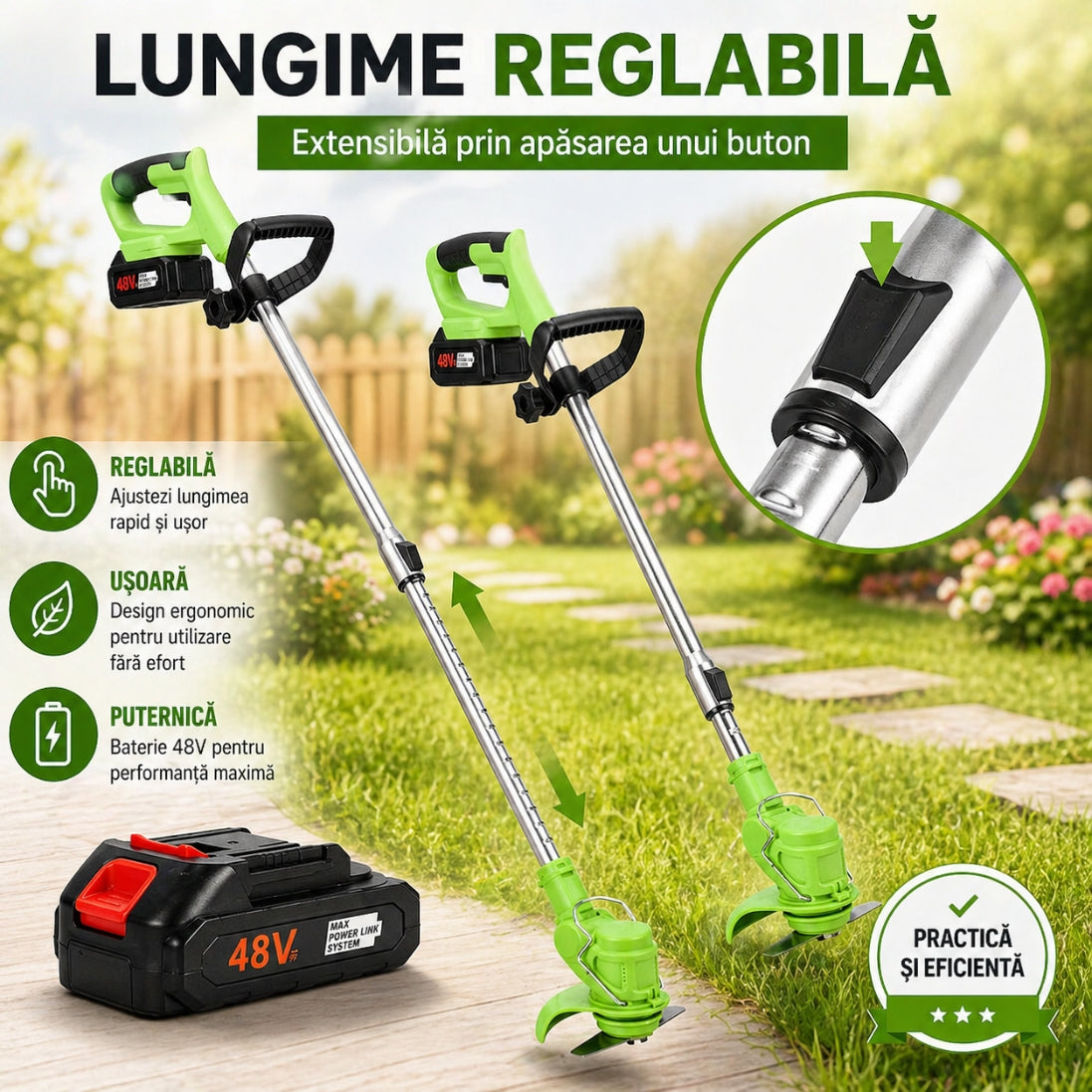Motocoasă Electrică fără fir, 48V, 2 acumulatori , 18000RPM, roți detașabile - set complet lame (disc + 2 lame + 5 palete)