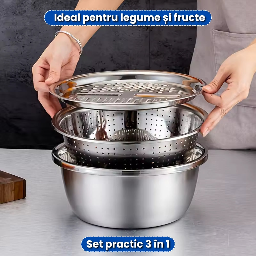 Bol Inox cu Capac Răzătoare și Scurgător – Ideal pentru Gătit