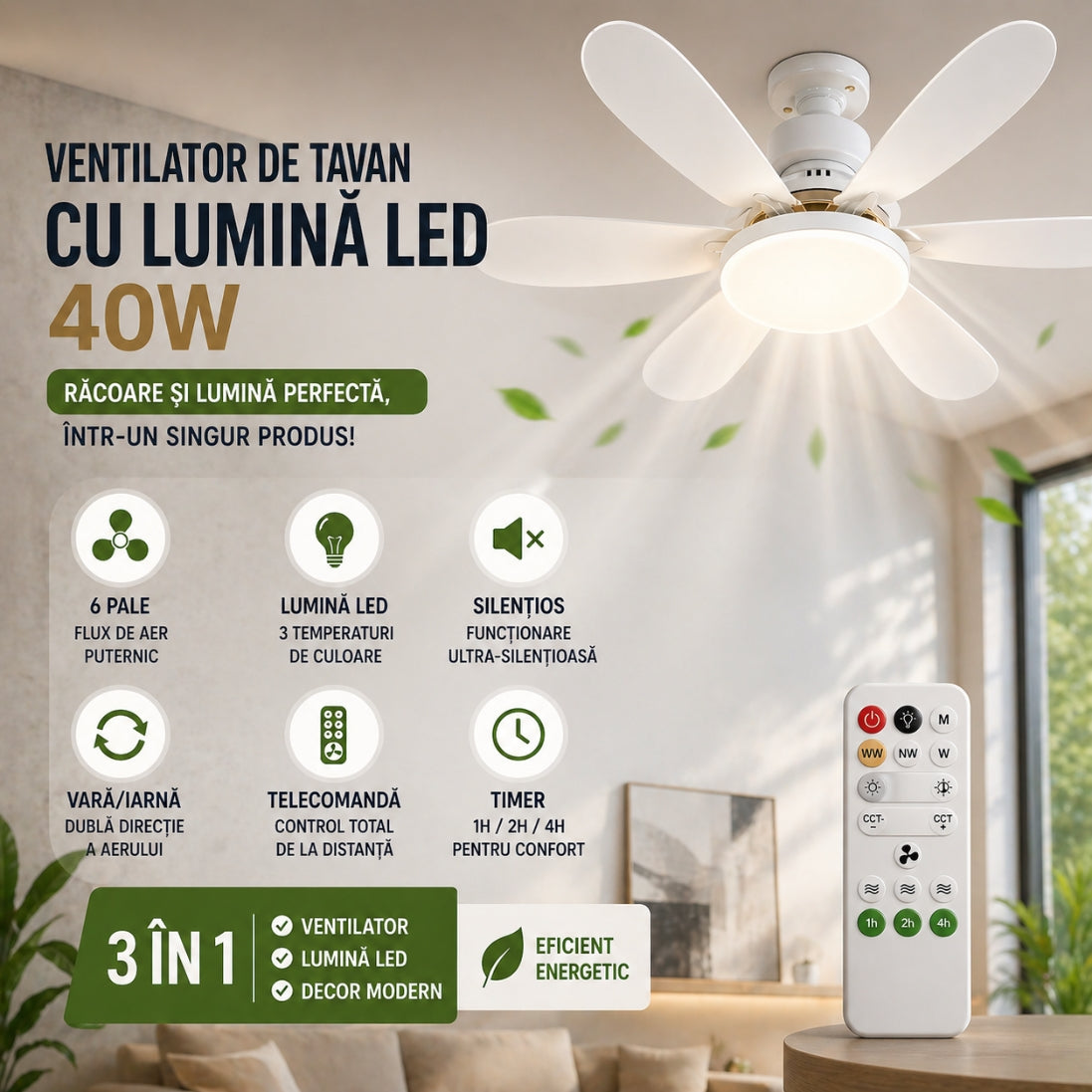 Ventilator de Tavan cu Lumină LED 40W, Telecomanda – Răcoare și Confort în Orice Sezon
