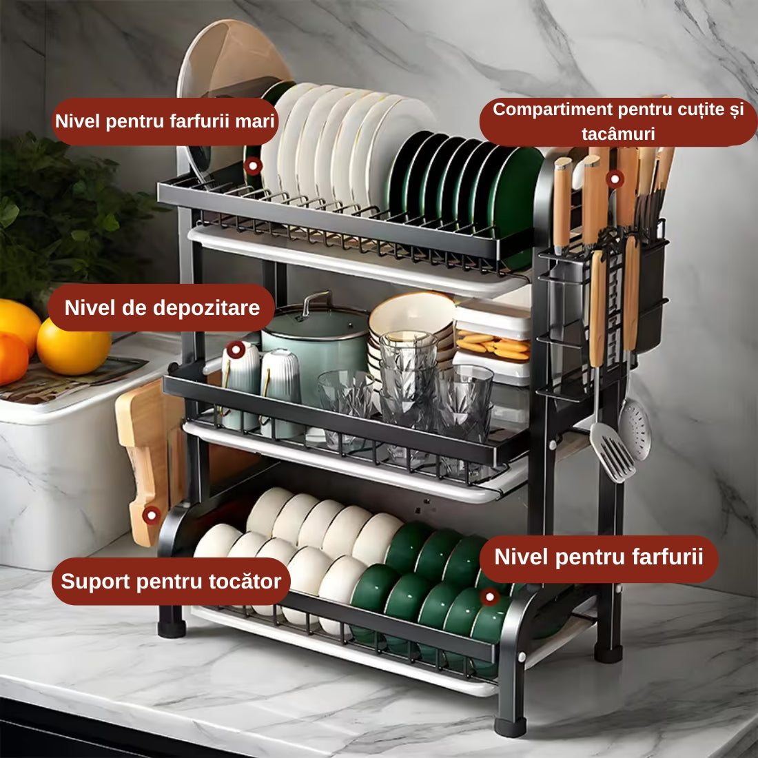 Suport pentru Vase cu 3 Niveluri – Organizator Modern pentru Bucătărie din Metal