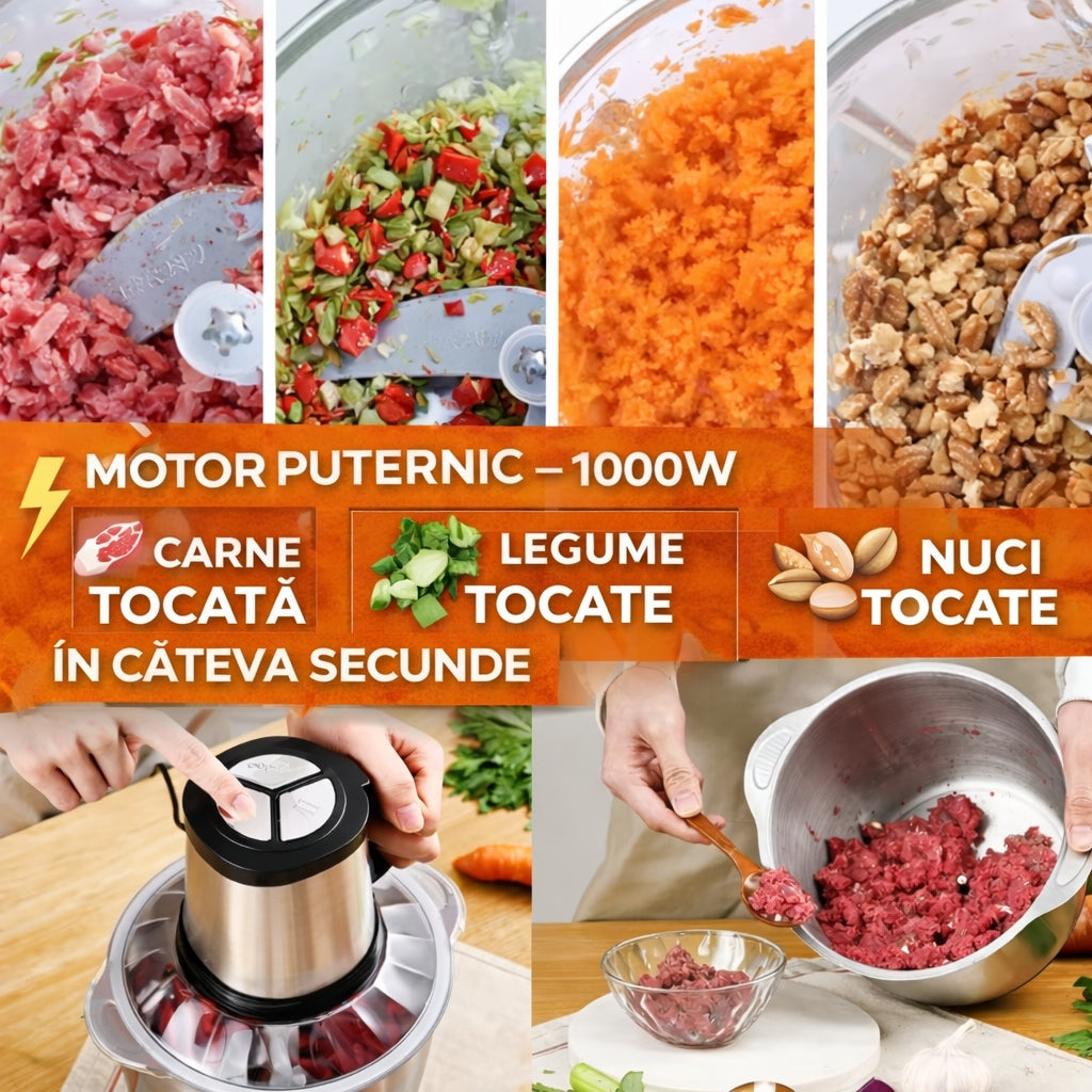 Tocător Electric Profesional 5 Litri  – 1000 W, 6 Lame pentru Carne, Legume și Nuci