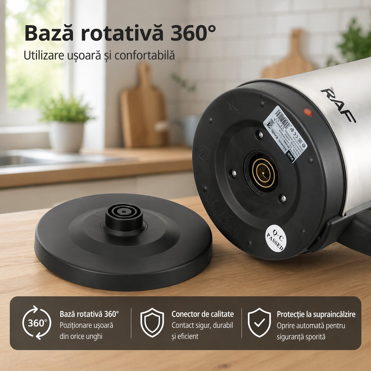 Fierbător Electric RAF 1800W din Inox – Capacitate 2 L, Fierbere Rapidă, Oprire Automată, Bază 360° & Fără BPA