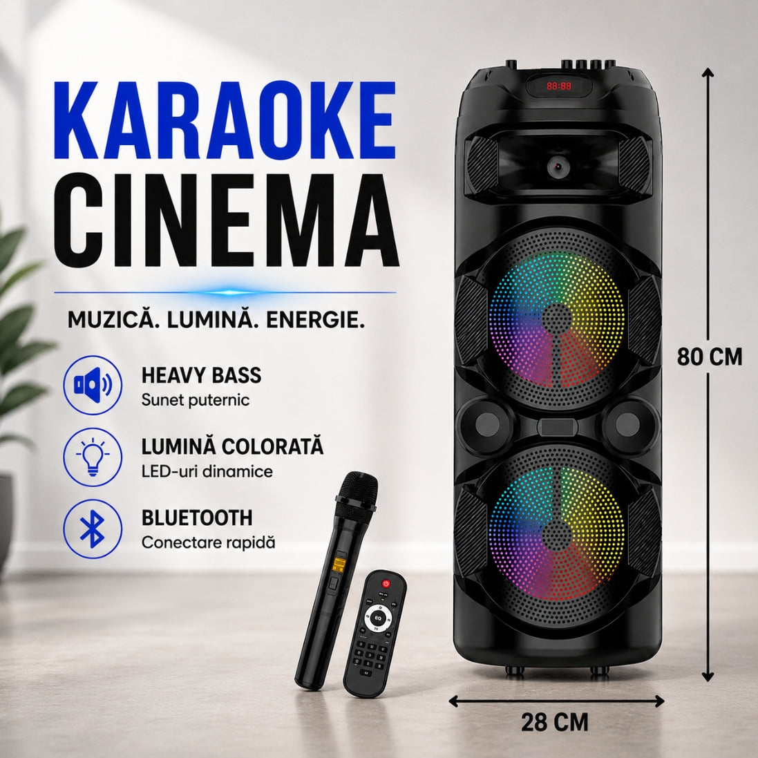 Boxă Mare cu Lumini LED 80 cm – Bass Puternic + Microfon Inclus