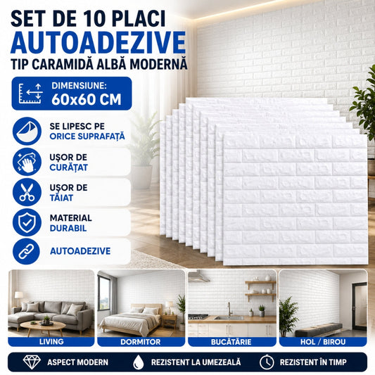 Set 10 Plăci Autoadezive Tip Cărămidă Albă  – Transformă Rapid Orice Spațiu! 60x60 CM