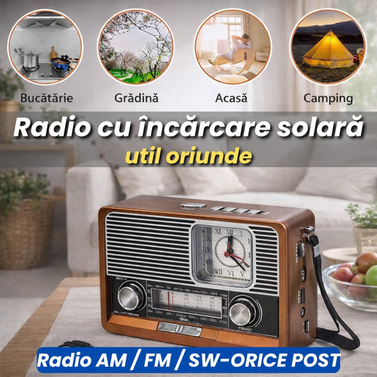 Radio Portabil Retro cu Panou Solar, Ceas, Recepție AM/FM/SW și Lanternă Incorporată