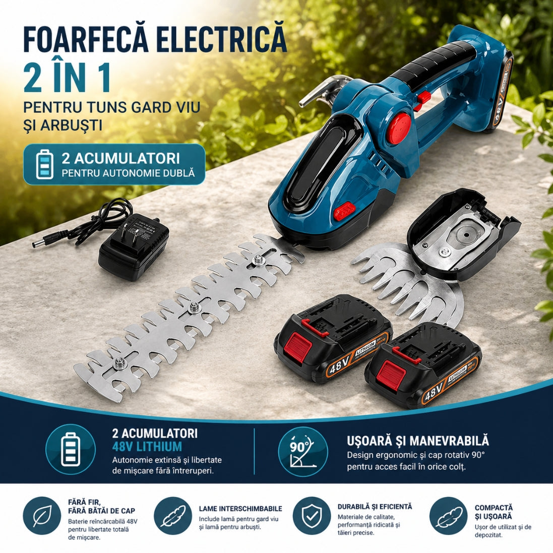 Foarfecă Electrică 2 în 1 pentru Tuns Gard Viu și Arbuști – 48V, 2 Acumulatori
