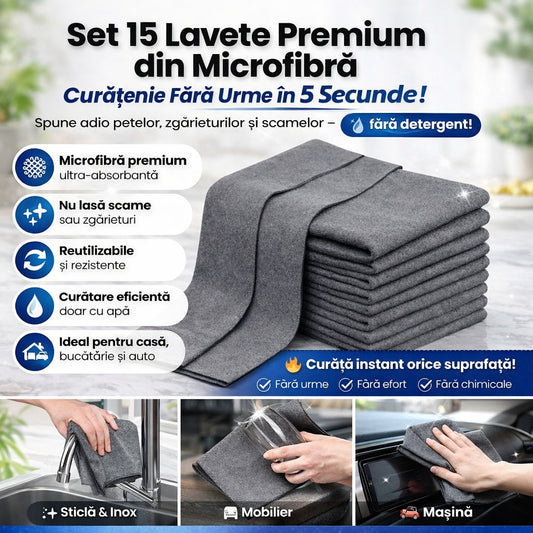 Set 15 Lavete Magice Microfibră 30x30 CM   – Curățare Eficientă, Reutilizabile, Fără Urme