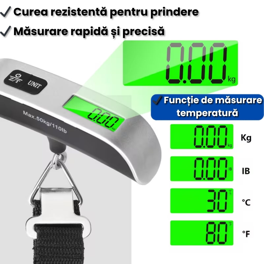 Cântar Digital Portabil pentru Bagaje, Sacose – Max 50KG cu Afișaj LCD si temperatura
