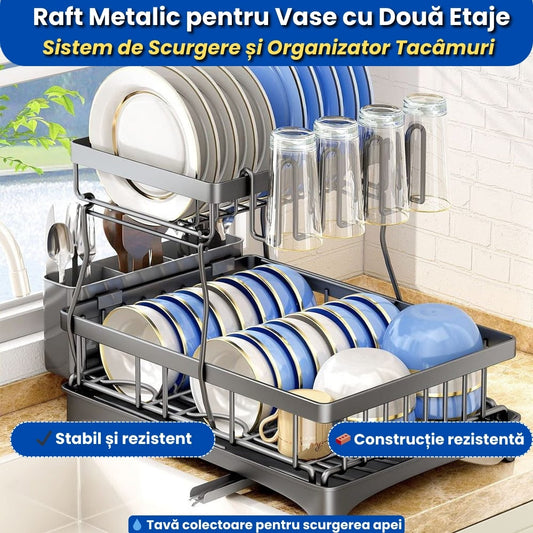 Raft Scurgere Vase cu Două Etaje, Organizator Bucătărie cu Tavă Colectare Apă