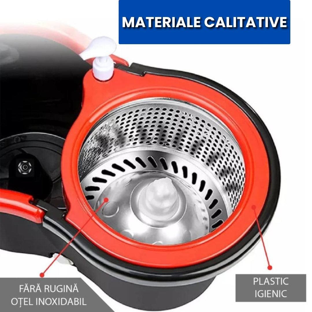 Mop Rotativ și Găleată cu Sistem de Stoarcere și Curățare - Mâner Reglabil + 5 Rezerve CADOU