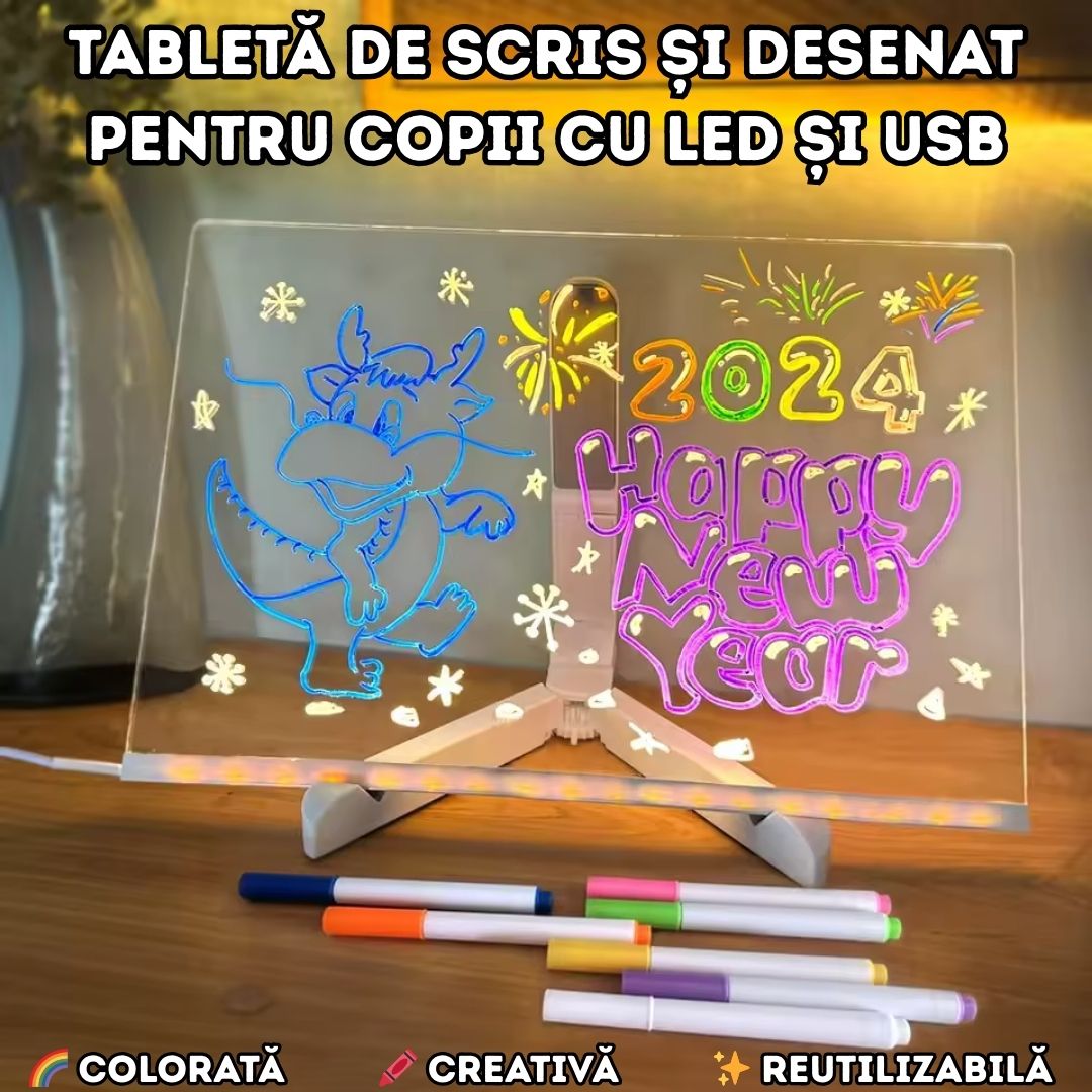 Super Tableta de scris si desenat pentru copii - 7 Culori, LED, USB