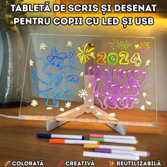 Super Tableta de scris si desenat pentru copii - 7 Culori, LED, USB