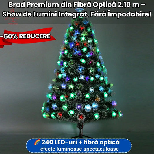 Brad de Crăciun 2.10 m cu Fibră Optică – 240 LED-uri, Lumini Multicolore, Gata Decorat!