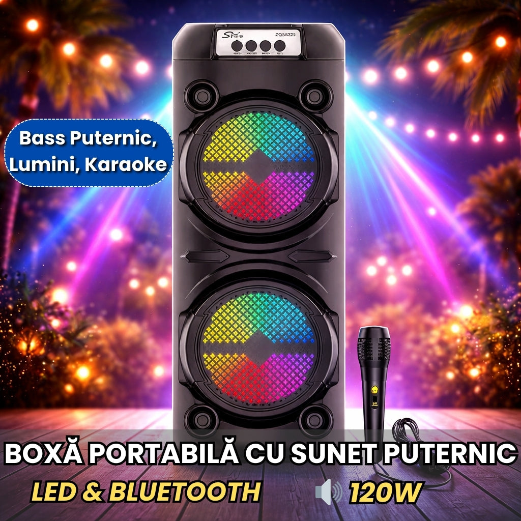 Boxă Portabilă 120W cu Lumini RGB – Sunet Puternic & Microfon Inclus