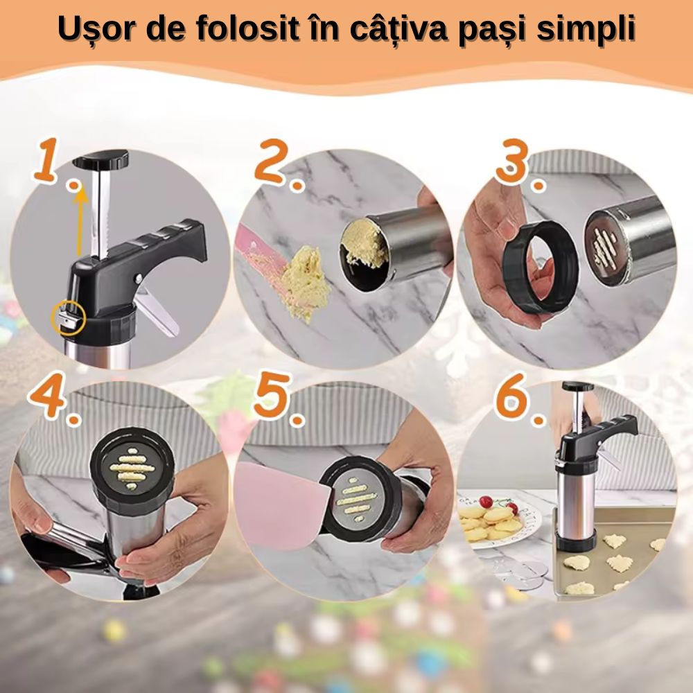 Aparat de Făcut Biscuiți cu 10 de Forme și 4 Duze – Ușor de Folosit, Rezultate Perfecte de Fiecare Dată
