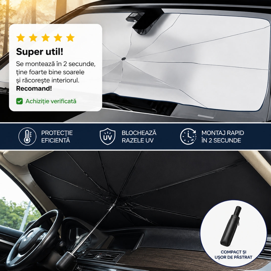 Set de 2 Parasole Auto Tip Umbrelă – Protecție UV + Interior Răcoros, Montare în 3 Secunde