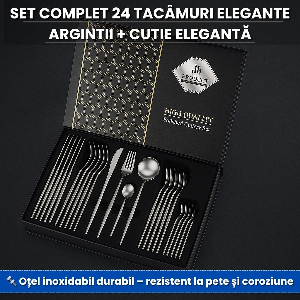 Set Lux 24 Tacâmuri din Inox cu Finisaj Argintiu + Cutie Elegantă