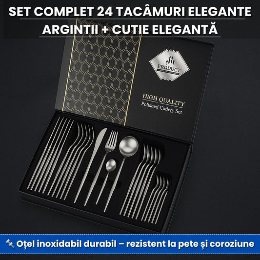 Set Lux 24 Tacâmuri din Inox cu Finisaj Argintiu + Cutie Elegantă