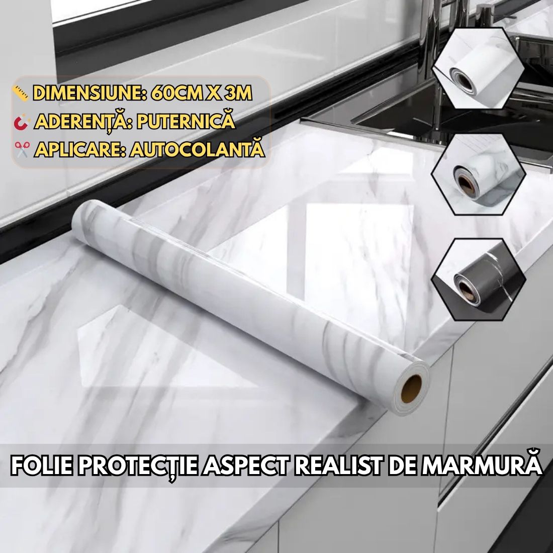 Folie Autocolantă Marmură Alba/Neagră - 60×300 cm – Protecție Elegantă și Durabilă pentru Mobilă și Blaturi