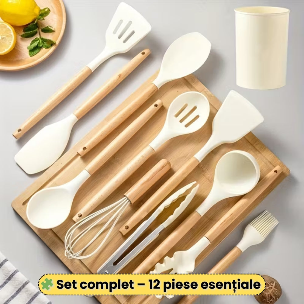 Set 12 Ustensile Bucătărie – Silicon & Lemn, Termorezistente